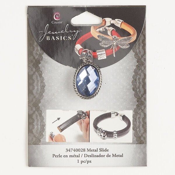 Slider bead assortment 1pkg1, antique silver-finished brass and acrylic, blue, 22x17mm faceted oval. image number 0