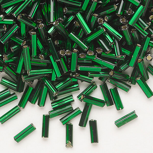 Bead, Preciosa Ornela Czech glass, bugle bead, pkg/50g, 1/4 inch, silver-lined transparent dark green, (57620). image number 0