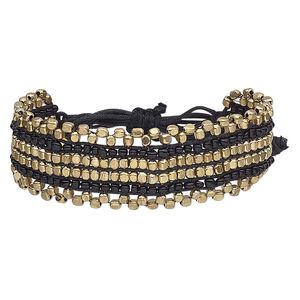 Bracelet, waxed cotton cord / glass / gold-finished steel, black, 24mm wide, adjustable from 5-1/2 to 8-1/2 inches with macramé knot closure. Sold individually.