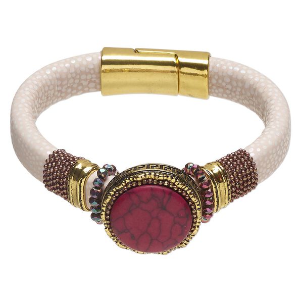 Bracelet 1pkg1 faux leather / glass / resin / gold-finished and antique gold-finished brass and stainless steel, pink / maroon / iridescent purple AB, 24mm width with center stone, 6 inches with magnetic clasp. image number 0