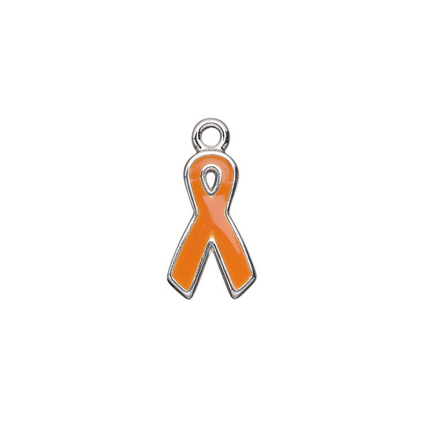 Charm, silver-plated aluminum and epoxy, orange, 15x9mm single-sided awareness ribbon. Sold per pkg of 6. image number 0