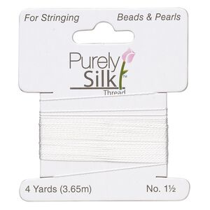 Thread, Purely Silk™, white, light-medium, size #1.5, 5-pound test. Sold per 4-yard card.