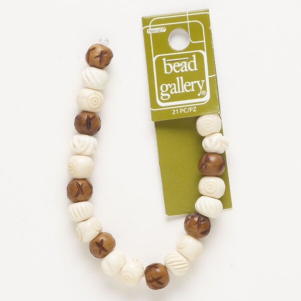 Bead, bone (natural/dyed), white and brown, 10mm carved round and 9x6mm-11x9mm carved rondelle, Mohs hardness 2-1/2. Sold per 6-inch strand, approximately 20 beads. image number 0