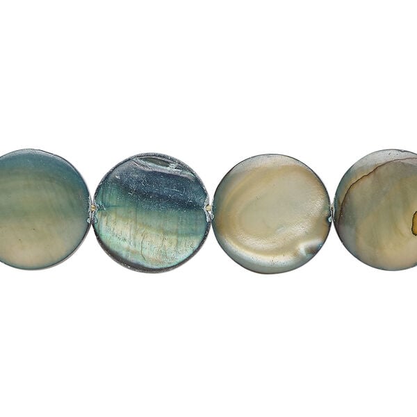 Mother-of-pearl shell 1pkg1, puffed flat round bead 15 inch blue steel 12-13mm image number 0