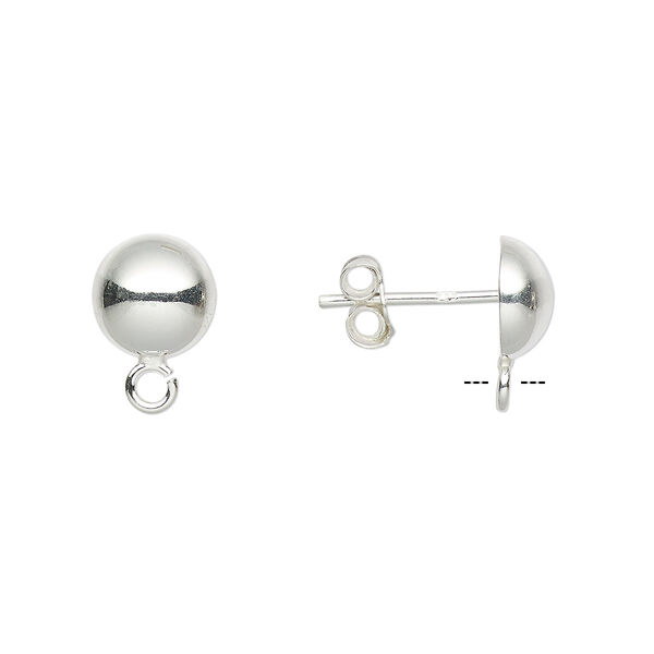 Earstud, sterling silver, 7mm half-ball with loop. Sold per pkg of 5 pairs. image number 0