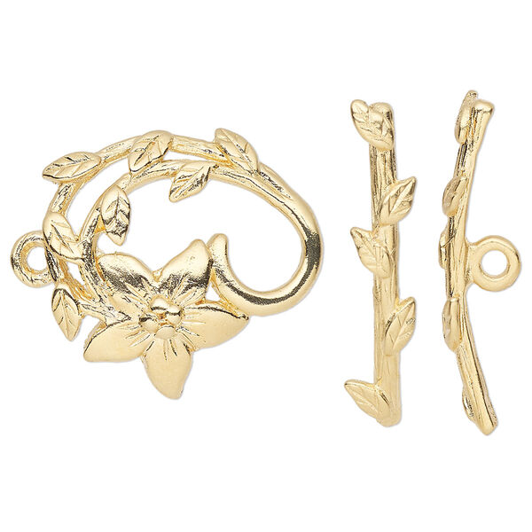 Clasp, JBB Findings, toggle, gold-plated pewter (tin-based alloy), 24x22.5mm single-sided fancy flower. Sold individually. image number 0