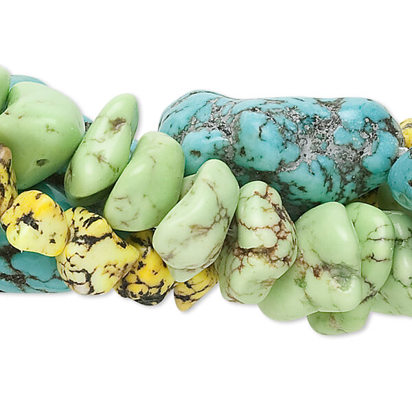 Bead mix, magnesite (dyed / stabilized), mixed colors, medium to gigantic chip and mini to large nugget, Mohs hardness 3-1/2 to 4. Sold per (3) 15-inch strands. image number 0