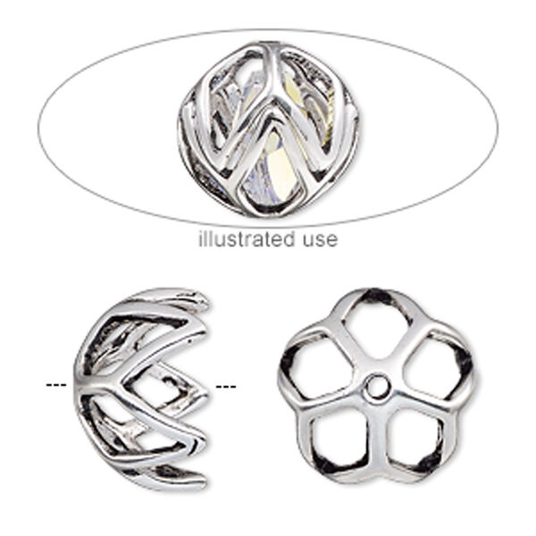 Bead cage, antique silver-plated "pewter" (zinc-based alloy), 17mm round with diamond cutout design, fits up to 13mm bead. Sold per 2-piece set. image number 0
