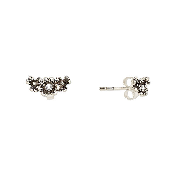 Earstud, Create Compliments®, antiqued sterling silver and crystal, clear, 11.5x5mm flower. Sold per pair. image number 0