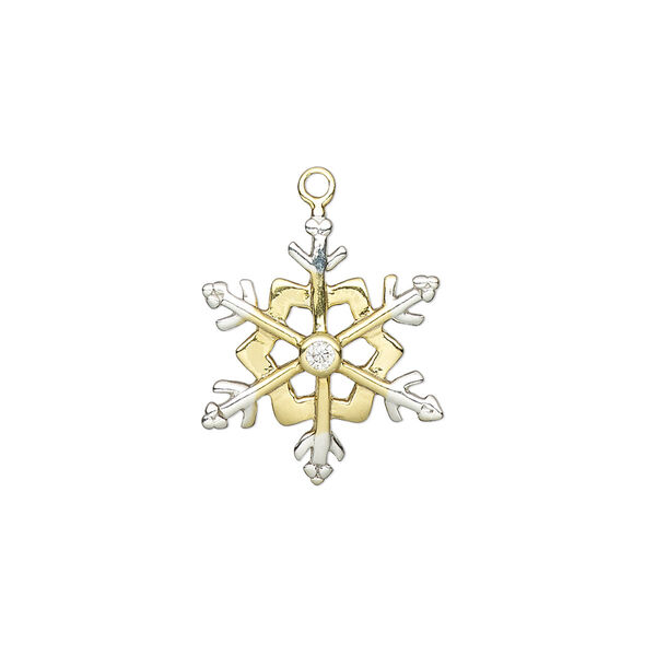 Charm, gold-finished sterling silver and cubic zirconia, two-tone gold and silver / clear, 19x16mm single-sided snowflake. Sold individually. image number 0