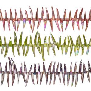 Bead mix, mother-of-pearl shell (bleached / dyed), multicolored AB, 20x2mm-39x6mm talon with 0.4-0.6mm hole, Mohs hardness 3-1/2. Sold per pkg of (3) 15-inch strands.