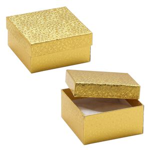 Box, paper, "cotton"-filled, gold, 3-3/4 x 3-3/4 x 2-inch square. Sold per pkg of 10.