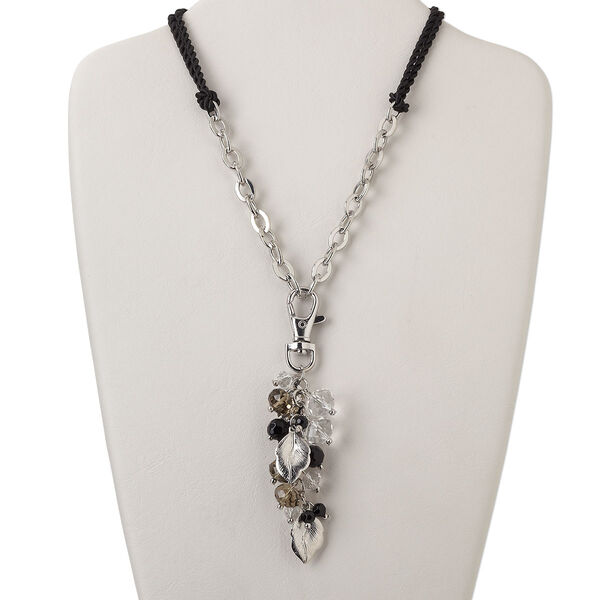 Necklace, 2-strand, silk / glass/ imitation rhodium-finished "pewter" (zinc-based alloy) steel / brass, black / clear / grey, 4-1/2 inch dangle, 18 inches with lobster claw clasp. Sold individually. image number 0