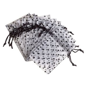 Pouch, flocked organza, white and black, 6x4 inches with dots pattern and drawstring closure. Sold per pkg of 12.