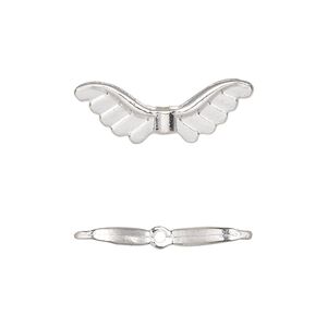 Bead, silver-finished "pewter" (zinc-based alloy), 24x8mm angel wing. Sold per pkg of 20.