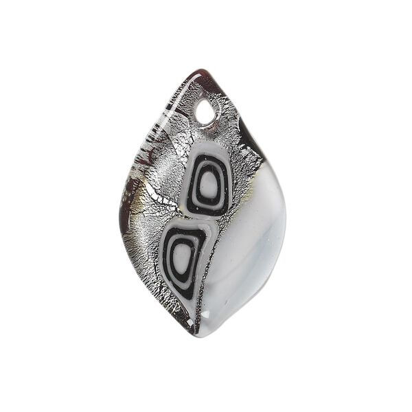 Drop, lampworked glass, semitransparent black and white with silver-colored foil, 28x17mm single-sided flat leaf. Sold per pkg of 2. image number 0