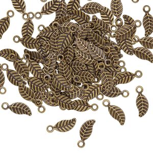 Charm, antique brass-plated brass, 7x3.5mm double-sided leaf. Sold per pkg of 100.