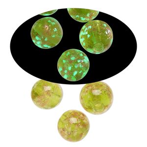 Bead, lampworked glass, clear / peridot green / glow-in-the-dark / gold, 10mm round. Sold per pkg of 6.