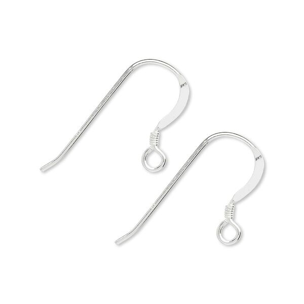 Ear wire, sterling silver, 16mm flat fishhook with 2mm coil and open loop, 20 gauge. Sold per pkg of 5 pairs. image number 0