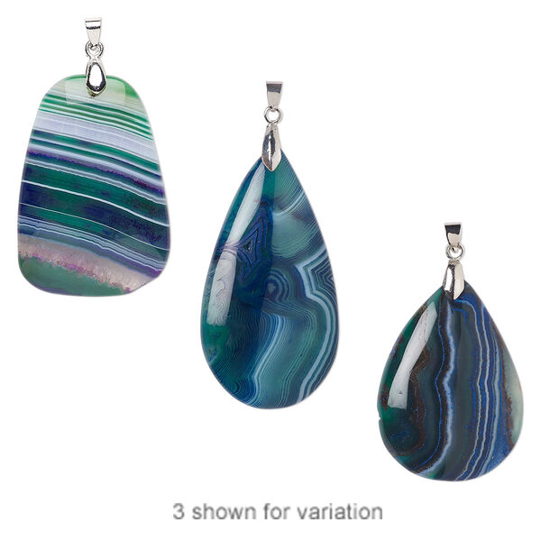 Pendant, agate (dyed) and imitation rhodium-plated brass, green and purple, 50x30mm-65x35mm hand-cut freeform teardrop. Sold individually. image number 0