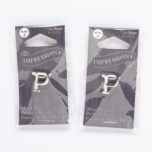 Bead, silver-finished "pewter" (zinc-based alloy), 13x12mm top-drilled alphabet letter "P" with 2mm hole. Sold per pkg of 2. image number 0