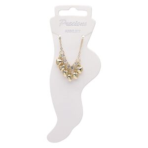 Anklet, Egyptian glass rhinestone / gold-coated plastic / gold-finished steel / brass, clear, 15mm wide with 8x8mm heart, 10-1/2 inches with 2-inch extender chain and lobster claw clasp. Sold individually.