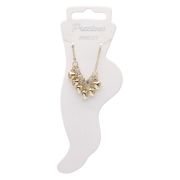Anklet, Egyptian glass rhinestone / gold-coated plastic / gold-finished steel / brass, clear, 15mm wide with 8x8mm heart, 10-1/2 inches with 2-inch extender chain and lobster claw clasp. Sold individually. image number 0