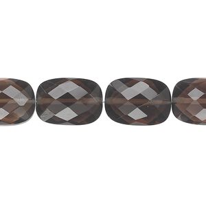 Smoky quartz 1pkg10, hand-cut checkerboard- faceted puffed rectangle bead 14x10mm