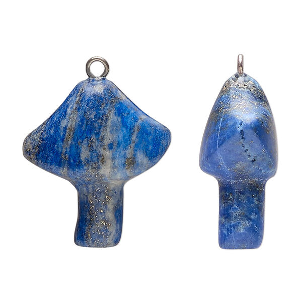Drop, imitation rhodium-plated brass and lapis lazuli (natural), 25x21.5mm hand-carved mushroom. Sold individually. image number 0