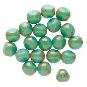 Bead, Czech glass, opaque turquoise blue travertine, 8mm pinched round. Sold per pkg of 20.