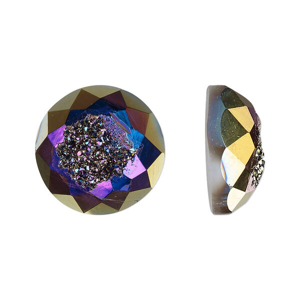 Cabochon, druzy agate (coated), purple and green, 16mm hand-cut loosely calibrated faceted round, B grade, Mohs hardness 7. Sold individually. image number 0
