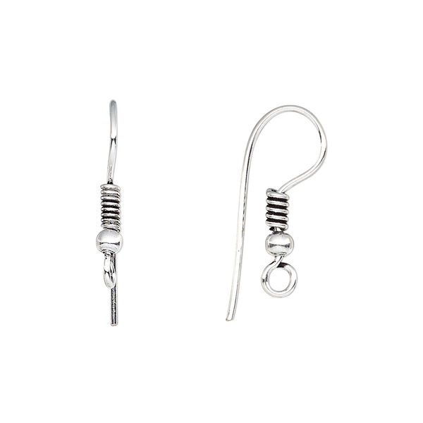 Ear wire, antique silver-plated copper, 21mm fishhook with 4x2mm coil and 3mm ball and open loop, 20 gauge. Sold per pkg of 25 pairs. image number 0
