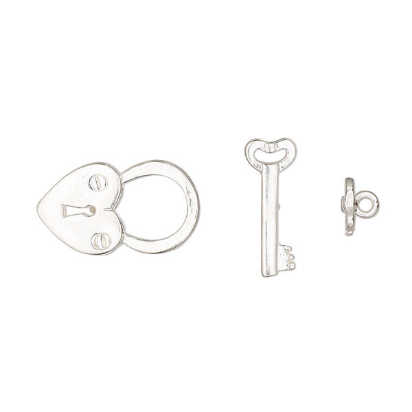 Clasp, JBB Findings, toggle, sterling silver, 17x10mm heart lock and key bar. Sold individually. image number 0