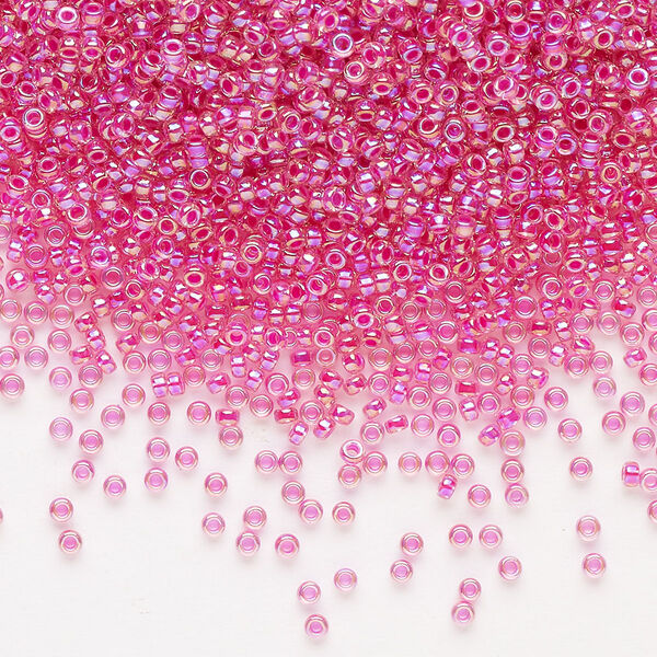 Seed bead, Miyuki, glass, pkg/250g, #15 rocaille, translucent hot pink-lined rainbow crystal clear (RR-355). image number 0