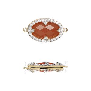 Link, carnelian (dyed / heated) / cubic zirconia / gold-finished sterling silver, clear, 18x12mm double-sided faceted oval. Sold individually.