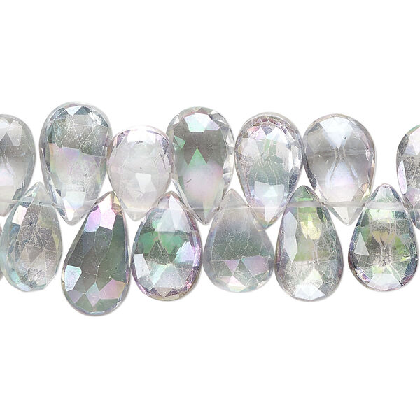 Bead, mystic topaz (coated), 10x7mm-12x9mm hand-cut top-drilled faceted puffed teardrop, B grade, Mohs hardness 8. Sold per 8-inch strand, approximately 55 beads. image number 0