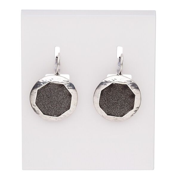 Earring, silver-plated brass and "pewter" (zinc-based alloy), black with glitter, 32mm with round and octagon with leverback ear wire. Sold per pair. image number 0
