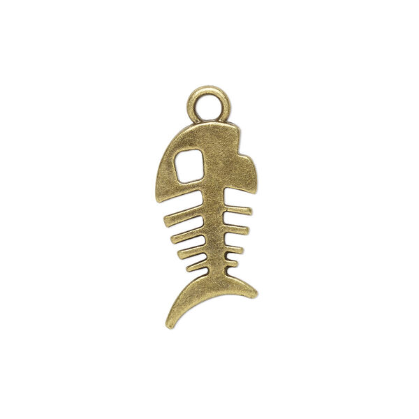 Charm, antique brass-plated "pewter" (zinc-based alloy), 22x11mm fish skeleton. Sold per pkg of 10. image number 0