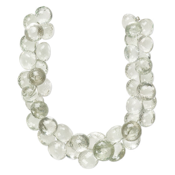 Bead, green quartz (heated), light, 10x9mm-14x12mm graduated hand-cut micro-faceted teardrop, B+ grade, Mohs hardness 7. Sold per 8-inch strand, approximately 40 beads. image number 0