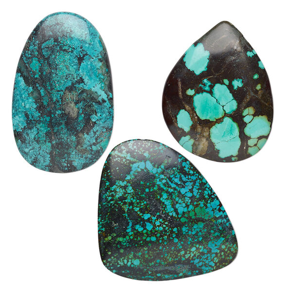 Cabochon mix, turquoise (dyed / stabilized), blue, 60x25mm-80x70mm non-calibrated freeform, B grade, Mohs hardness 5 to 6. Sold individually. image number 0