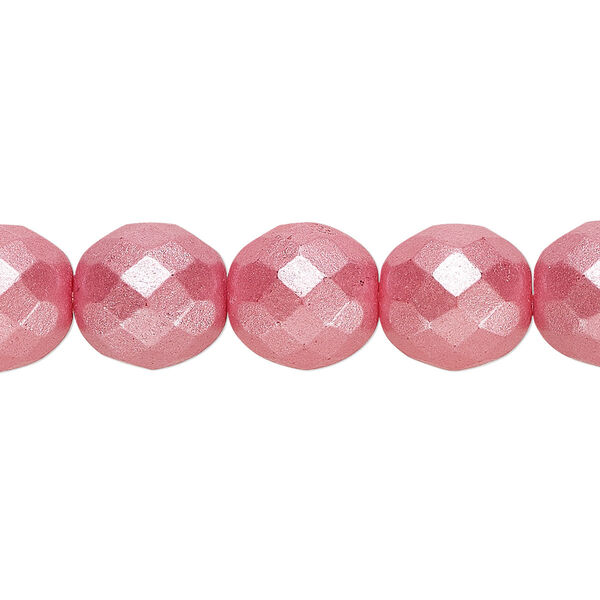 Bead, Czech fire-polished dipped décor glass, pkg/15-1/2 to 16 inches, 12mm faceted round, opaque pearlescent dusty rose, (00030-02395). image number 0