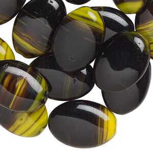 Bead, Czech pressed glass, opaque black and yellow, 20x14mm puffed oval. Sold per 2-ounce pkg, approximately 25 beads.
