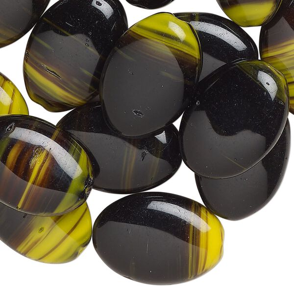 Bead, Czech pressed glass, opaque black and yellow, 20x14mm puffed oval. Sold per 2-ounce pkg, approximately 25 beads. image number 0