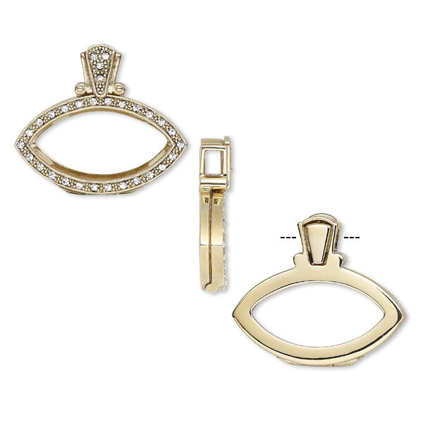 Pendant, Almost Instant Jewelry®, antique gold-finished brass / crystal / rubber, crystal clear, 36.5x32mm single-sided hinged marquise with 32x17mm marquise setting. Sold individually. image number 0