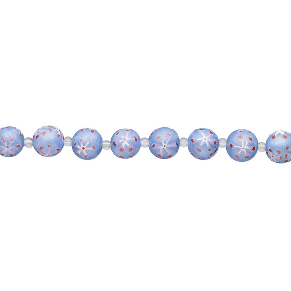 Bead, glass 1pkg8, purple / white / red, 14mm round with hand-painted flower. image number 1