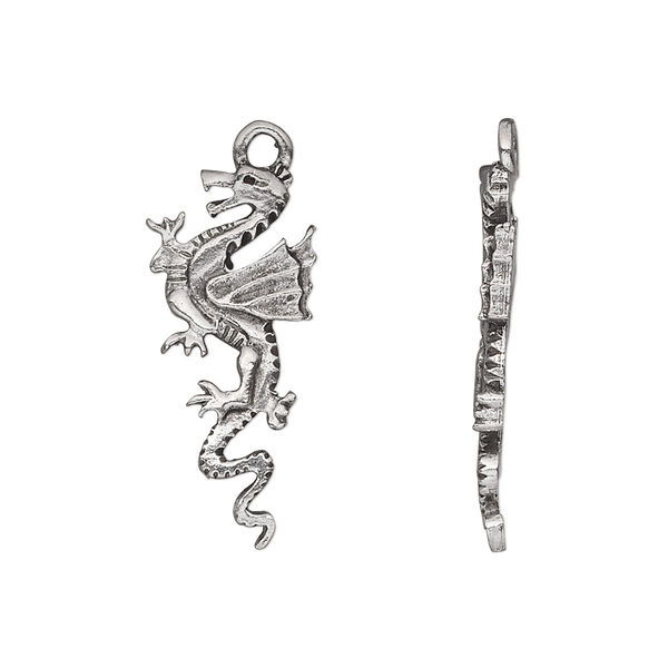 Charm, pewter (tin-based alloy), pkg/1, antiqued, 25x11mm dragon. image number 0