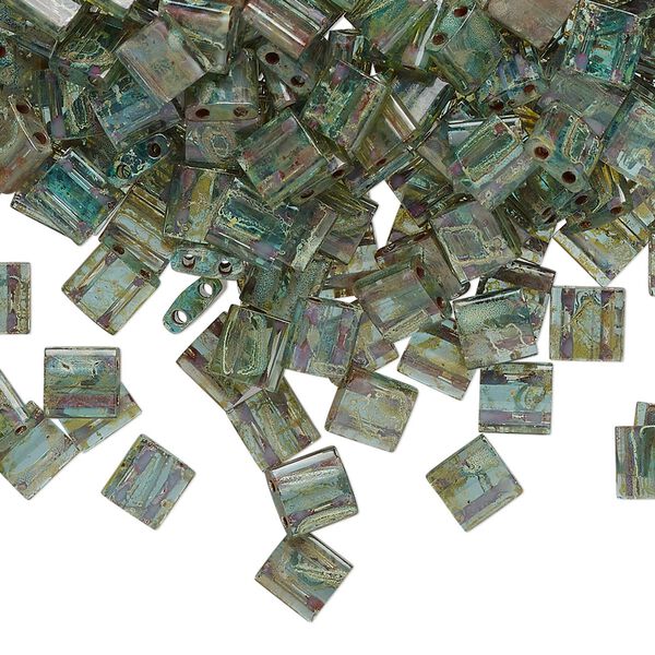 Seed bead, TILA®, glass, pkg/10g, 5mm full tila square, translucent Picasso turquoise blue, (TL-4506). image number 0