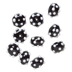 Bead 1pkg10, lampworked glass, black and white, 15x9mm bumpy rondelle.