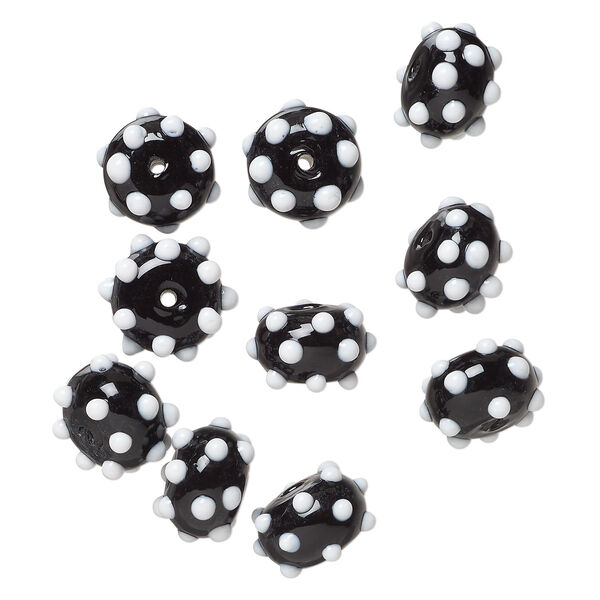 Bead 1pkg10, lampworked glass, black and white, 15x9mm bumpy rondelle. image number 0