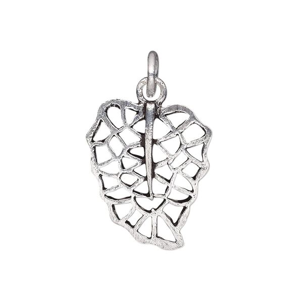 Charm, antiqued silver-plated brass, 25x19mm double-sided filigree leaf. Sold per pkg of 4. image number 0